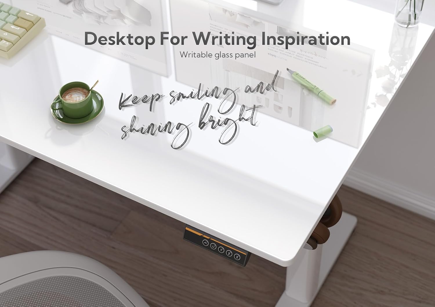 Claiks Small Glass Standing Desk, 35x20 Inch Electric Standing Desk Adjustable Height Quick Install for Computer Workstations, Super White