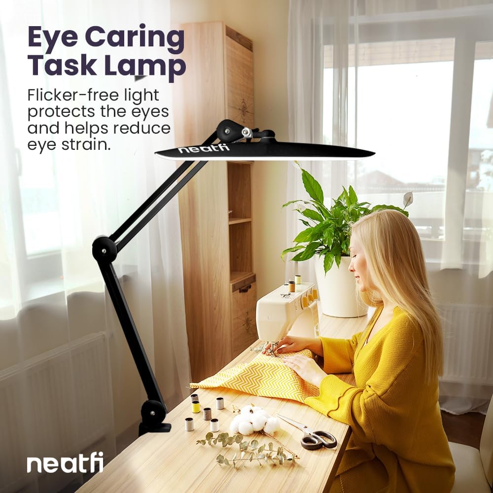 Neatfi XL 2200 Lumens 20W LED Desk Lamp with Clamp – Adjustable Color Temperature | 4-Level Dimmable Light | Home Office, Crafts & Workbench | 20-Inch Wide Head (Black, CCT with Clamp)