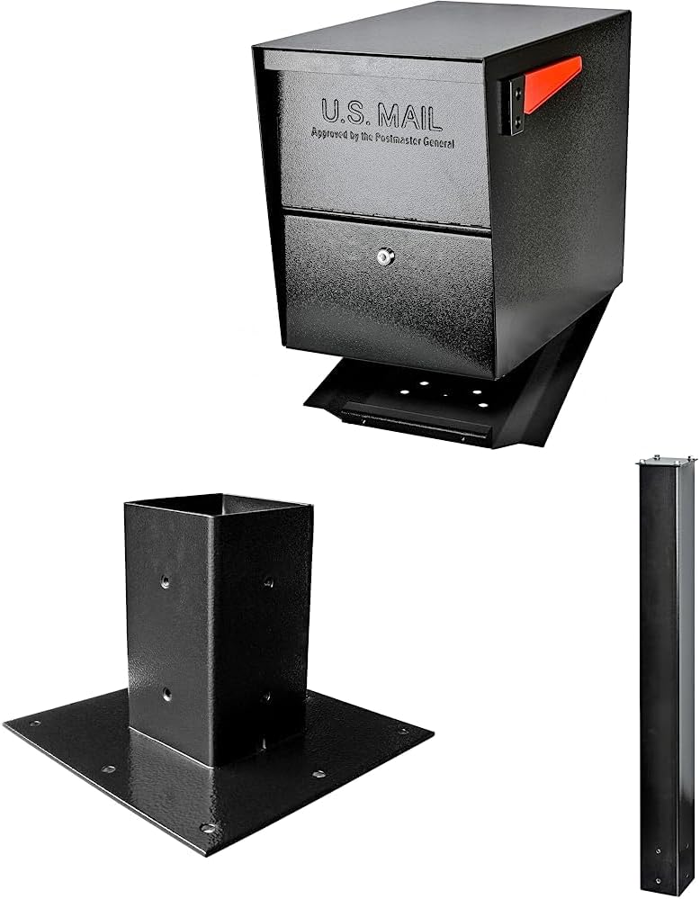 Mail Boss 7206 Package Master Curbside Locking Security Mailbox | Medium, Black, Surface Mount Base Plate & In-Ground Mounting Post, 43 x 4 x 4 inches