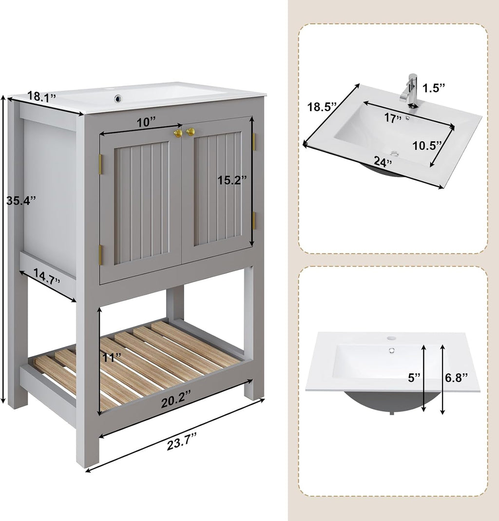 24 Inch Small Bathroom Vanity with Sink, Modern Bathroom Sink Cabinet with Open Shelf, Ceramic Basin, Gray
