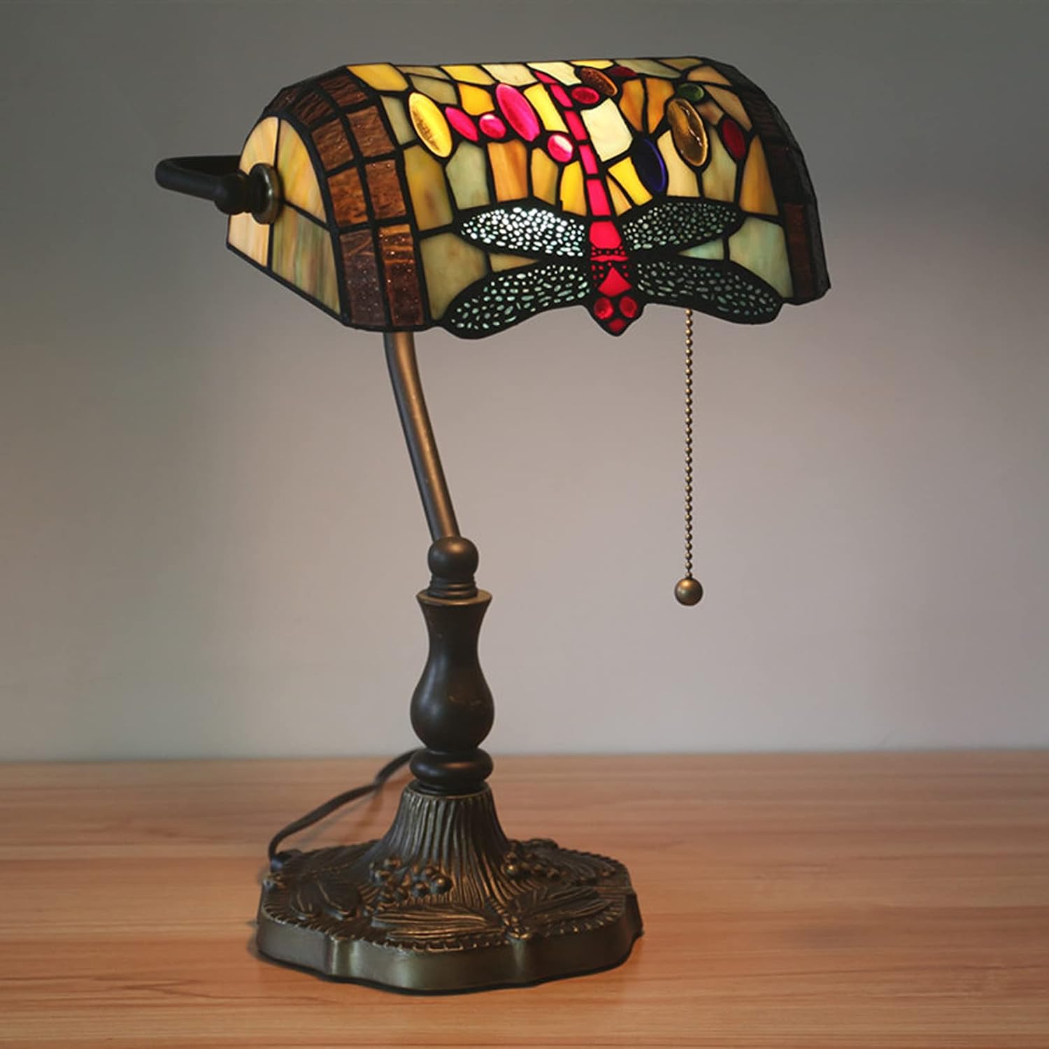 Tiffany Style Bankers Table Lamp Stained Glass Piano Desk Lamp Vintage Bedroom Bedside Lamp for Study,Antique Alloy Base,Zipper Switch,Dragonfly a