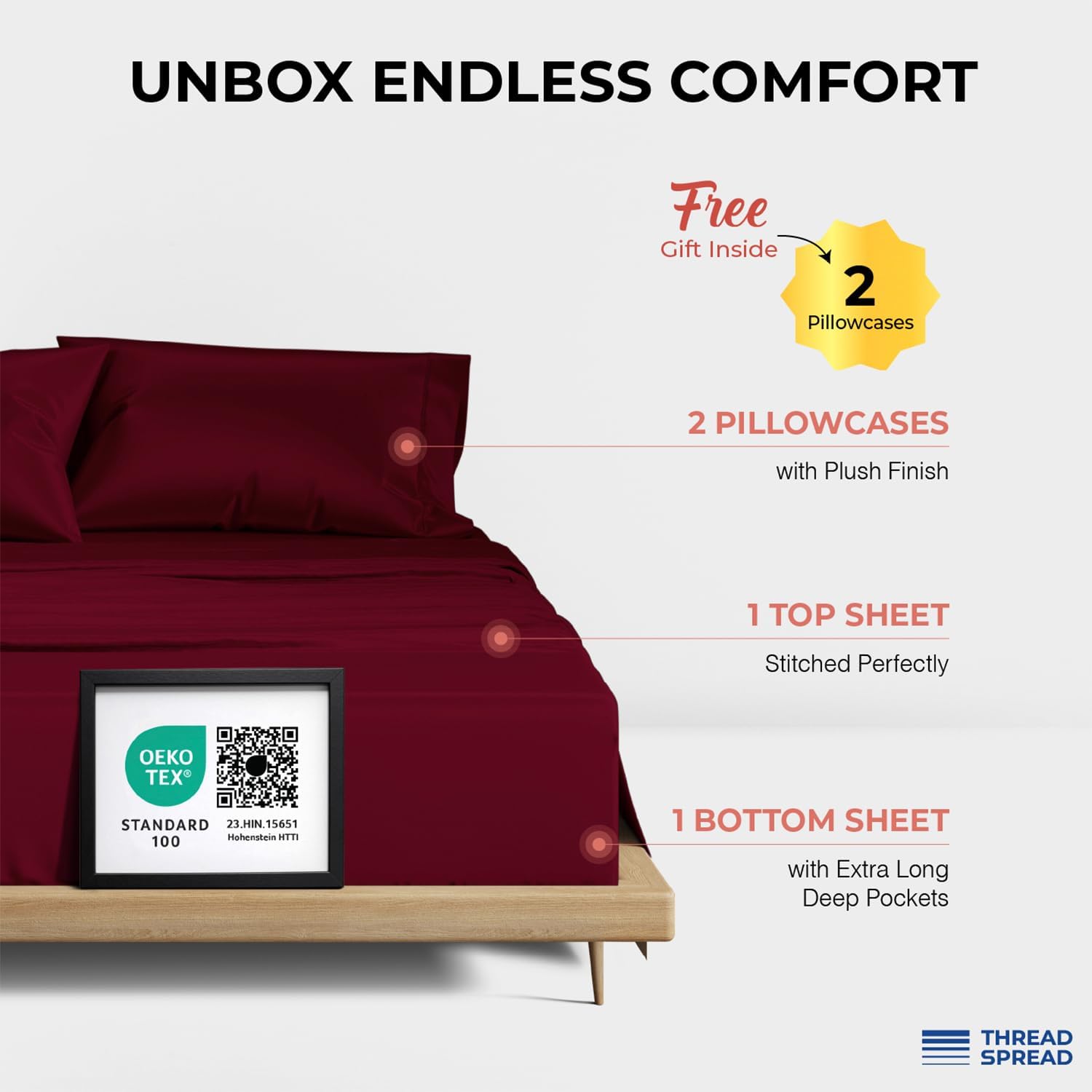 THREAD SPREAD 100% Egyptian Cotton Queen Sheets Set - 1200 Series Plush Collection Luxury Egyptian Cotton Sheets Queen Size Deep Pocket (4 PC, Burgundy), Soft, Cooling, Sateen Weave Sheet Set