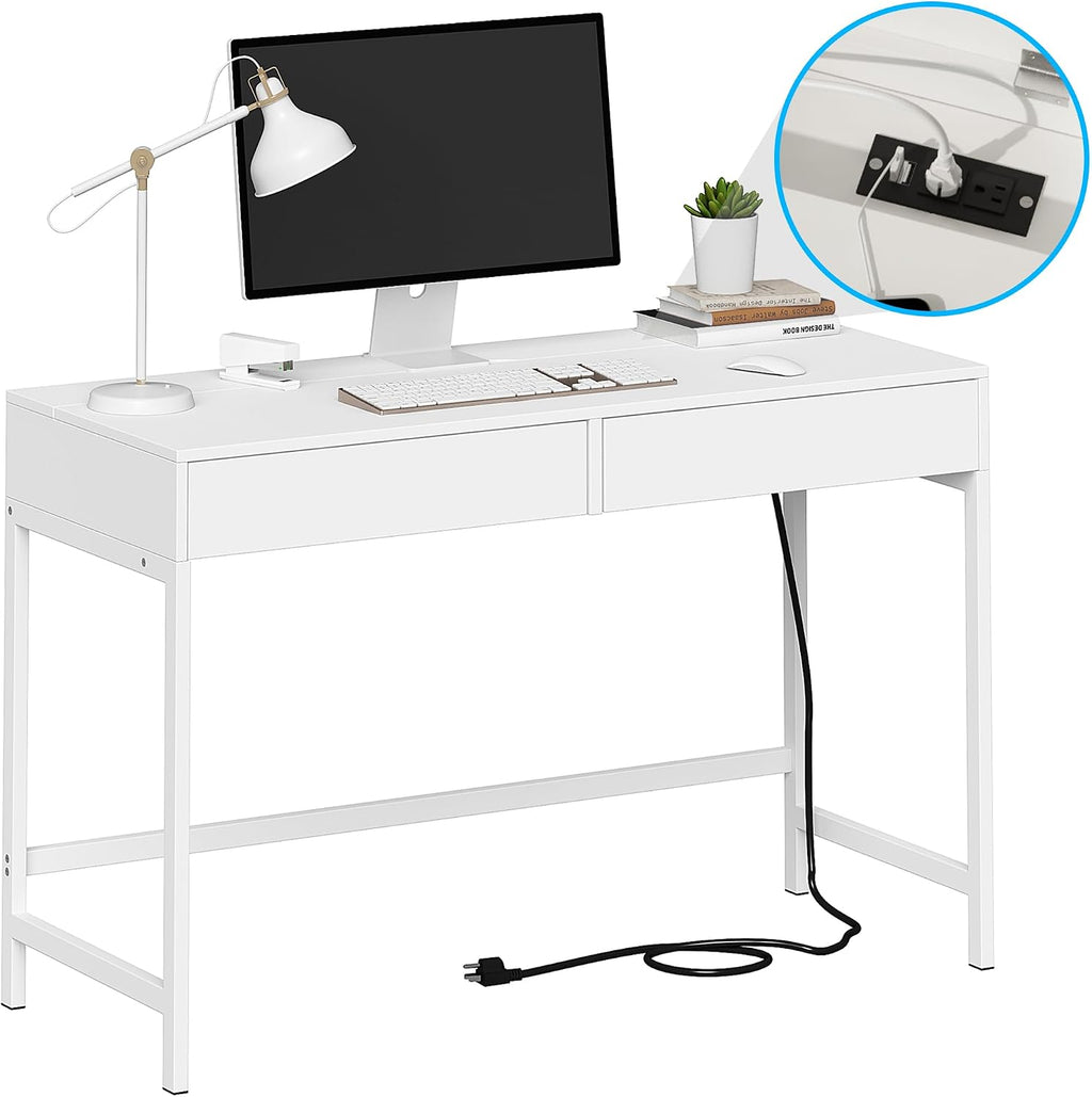 Treocho White Desk with USB Charging Ports and Power Outlets, Modern Simple 47 inch Computer Desk with 2 Drawers, Vanity Table, Makeup Table for Home Office, Bedroom