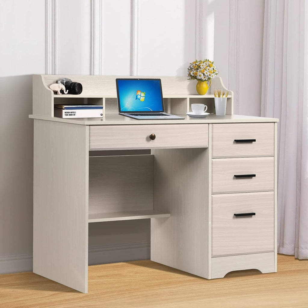 White Home Office Desk with 4 Drawers & Hutch, Computer Table for Bedroom, Off-White
