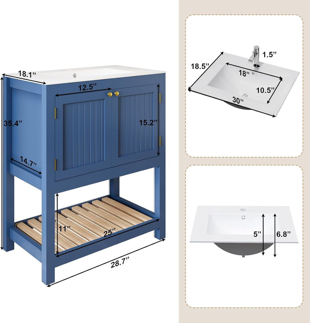 30 Inch Bathroom Vanity with Sink, Modern Bathroom Sink Cabinet with Open Shelf, Ceramic Basin, Freestanding Bathroom Vanities, Blue