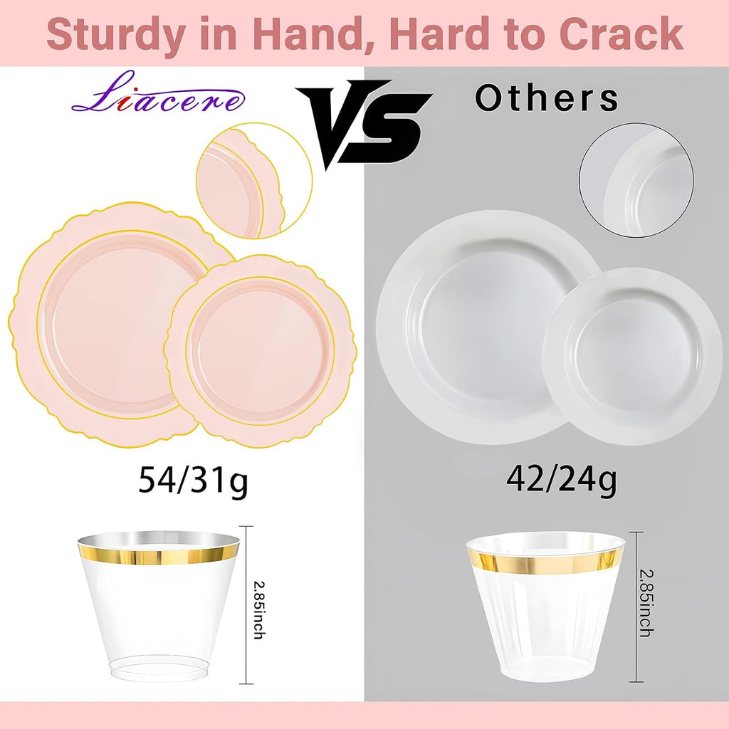Liacere 700PCS Pink Plastic Plates-Dinnerware Sets for 100 Guests-200 Disposable Plates(10inch,7inch),300 Pink Plastic Silverware,100 Cups,100 Napkins for Wedding&Galentines Day&Easter Day