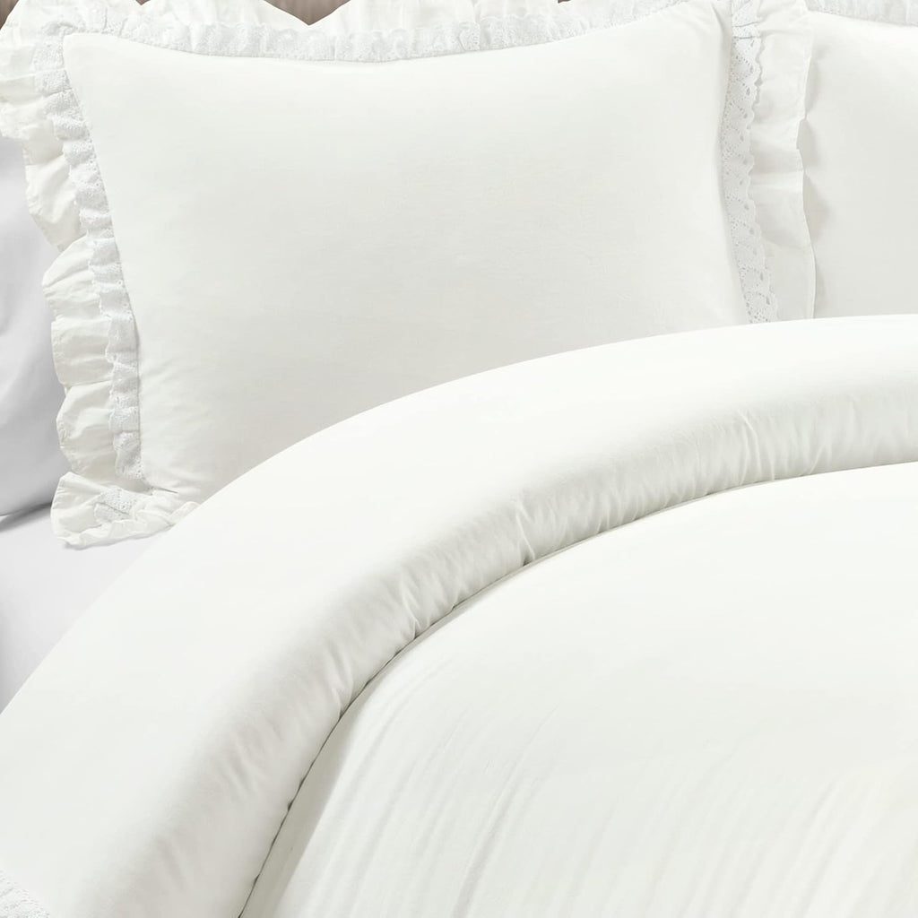 Lush Decor Ella Ruffle Lace 100% Cotton Duvet Cover, 3 Piece Set, Full/Queen, White - Cute Comforter - Queen Bedding Set - White Bedding Full Size - Coquette Decor - Neutral Lace Trim - Ruffle Trim