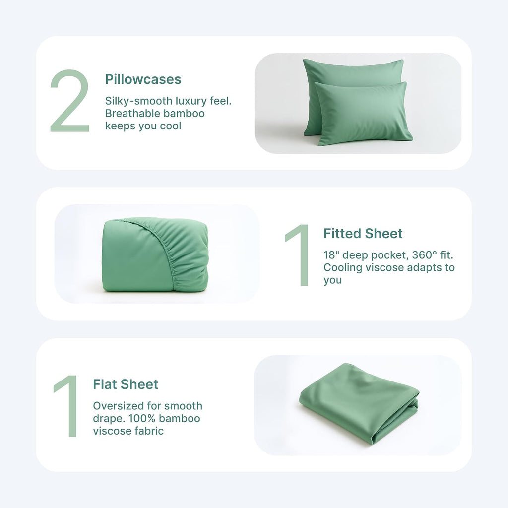 BedVoyage - Viscose from Bamboo Queen Sheet Set - Luxury Sheets Queen Size - Cooling Bed Sheets 18' Deep Pocket - Ultra Soft Sheet and Pillowcase Set `- Seaglass