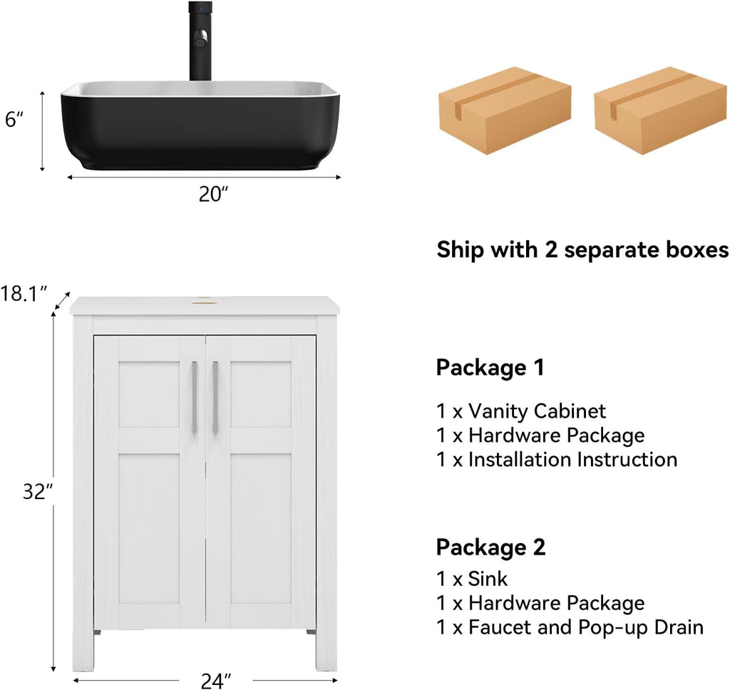 YOURLITE 24' Bathroom Vanity with Sink, White Bathroom Vanity and Sink Combo with Faucet & Pop Up Drain Set,Traditional Vanity with with White & Black Ceramic Sink