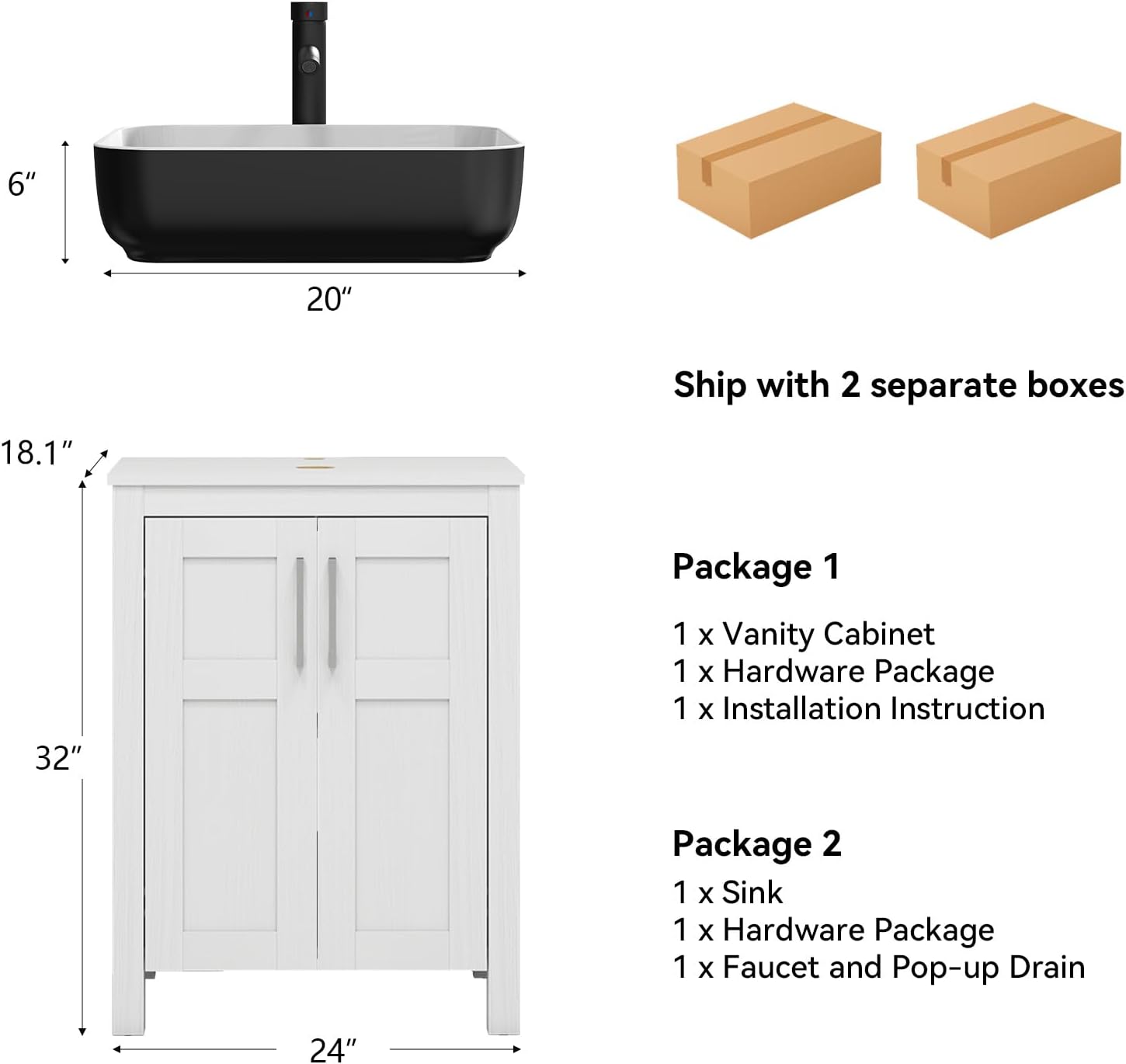 YOURLITE 24' Bathroom Vanity with Sink, White Bathroom Vanity and Sink Combo with Faucet & Pop Up Drain Set,Traditional Vanity with with White & Black Ceramic Sink