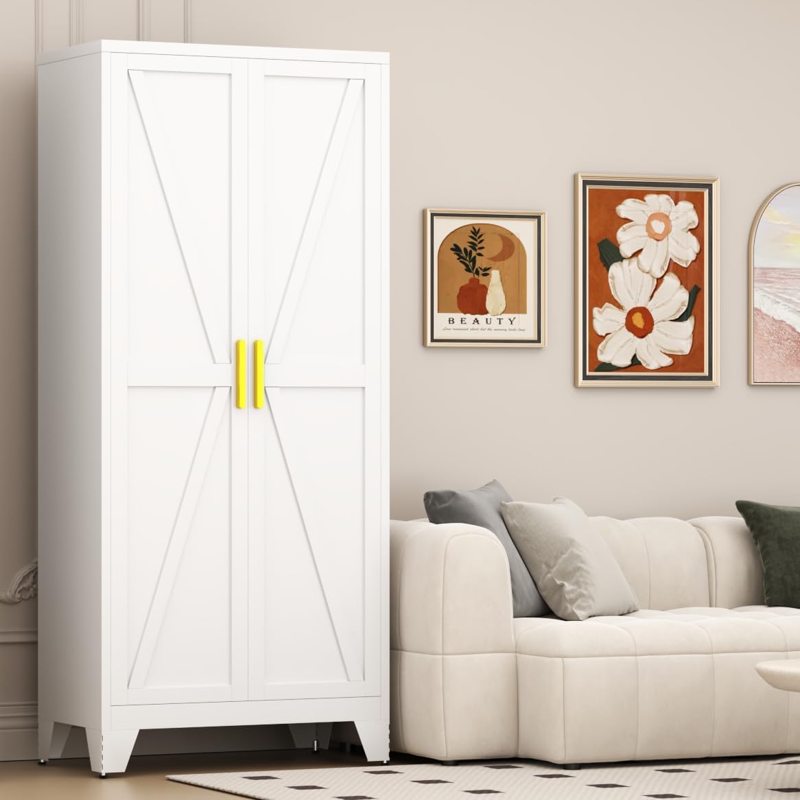 61' Tall Pantry Cabinet, White Metal Pantry Storage Cabinet, Kitchen Pantry Storage Cabinets with 2 Door and 3 Adjustable Shelves (White, 61' Modern)