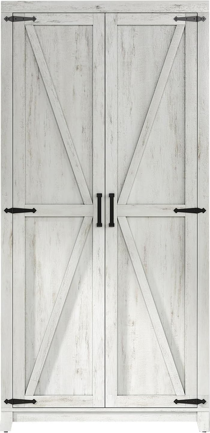 LUXOAK 70' Large Armoire Wardrobe Closet with Hanging Rod, Farmhouse Clothing Storage Cabinet with 2 Barn Doors, Wooden Tall Bedroom Armoires with Shelf, Distressed White