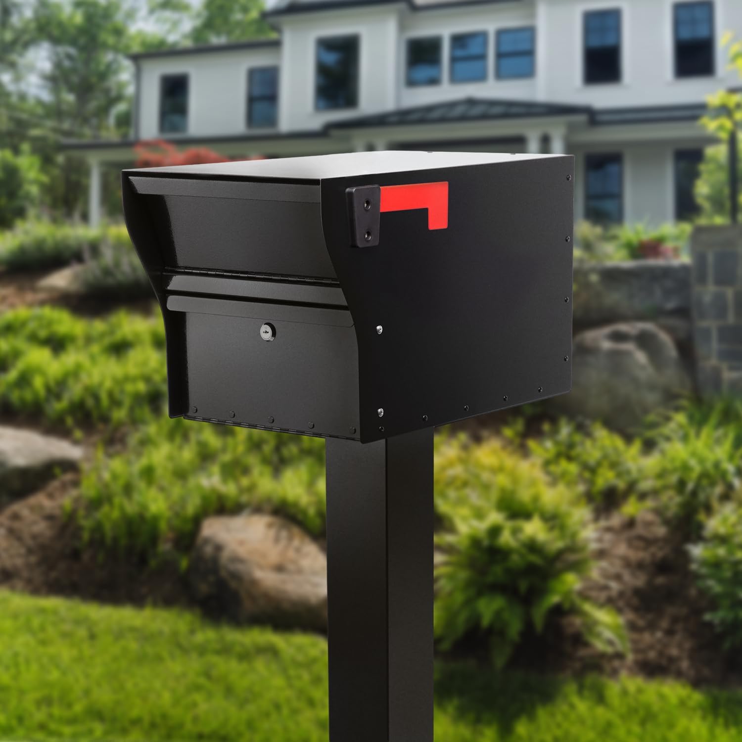 Whitehall MailVault Streetside Locking Mailbox with Post Package – Steel, Secure Weather Resistant Modern Square Mailbox (Black)