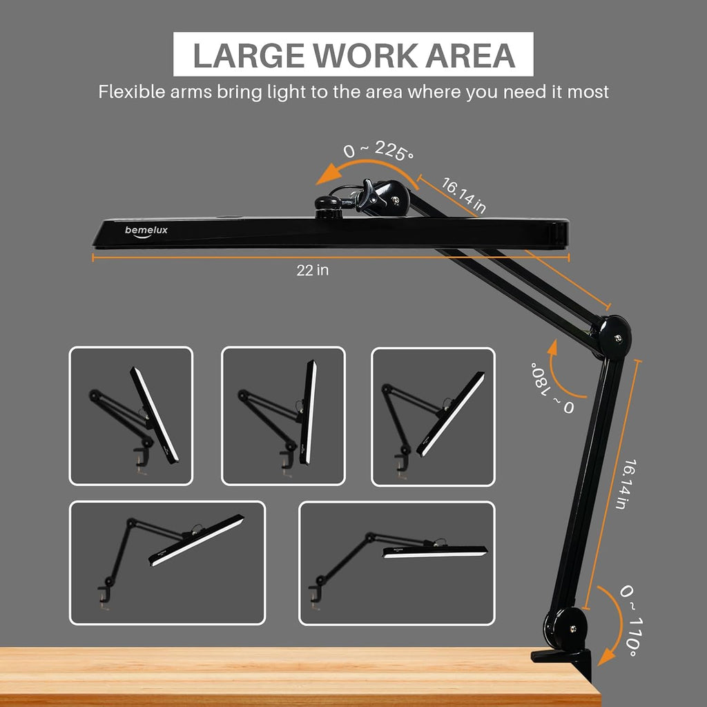 LED Architect Desk Lamp with Clamp, Metal Swing Arm 2000 Lumens Dimming Office Table Lamp for Task Work Drafting Reading Desktop, 117PCS Bright LEDs, 24W Workbench Lamp(Black)