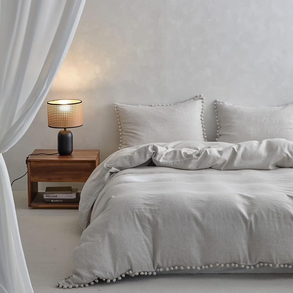 Simple&Opulence French Linen Blended Duvet Cover Queen, Flax Viscose Derived from Bamboo Bedding Set with Pom Pom Trim Soft Cooling for Hot Sleepers, 1 Boho Comforter Cover and 2 Pillow Shams, Linen