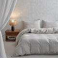 Simple&Opulence French Linen Blended Duvet Cover King, Flax Viscose Derived from Bamboo Bedding Set with Pom Pom Trim Soft Cooling for Hot Sleepers, 1 Boho Comforter Cover and 2 Pillow Shams, Linen