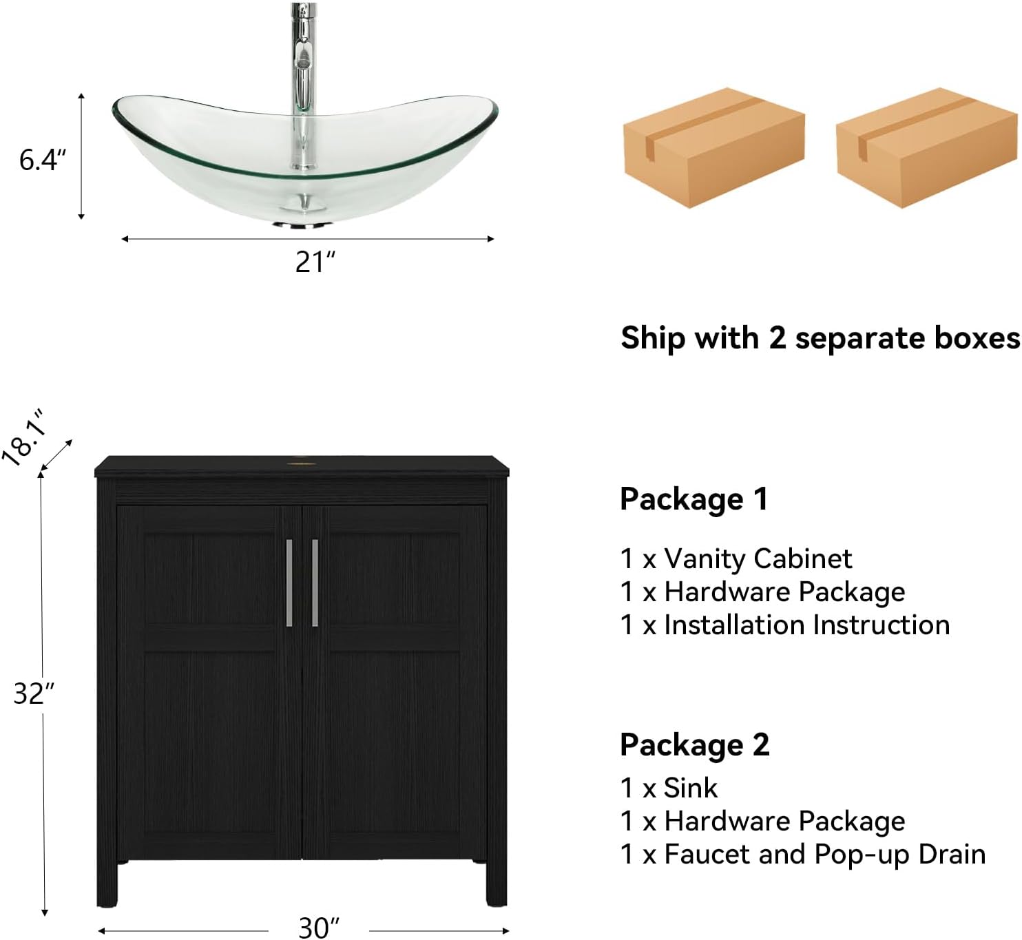 YOURLITE 30 Inches Traditional Bathroom Vanity Set with Single Faucet Hole, Clear Boat Glass Sink, Black Finish, 2-Door Cabinet