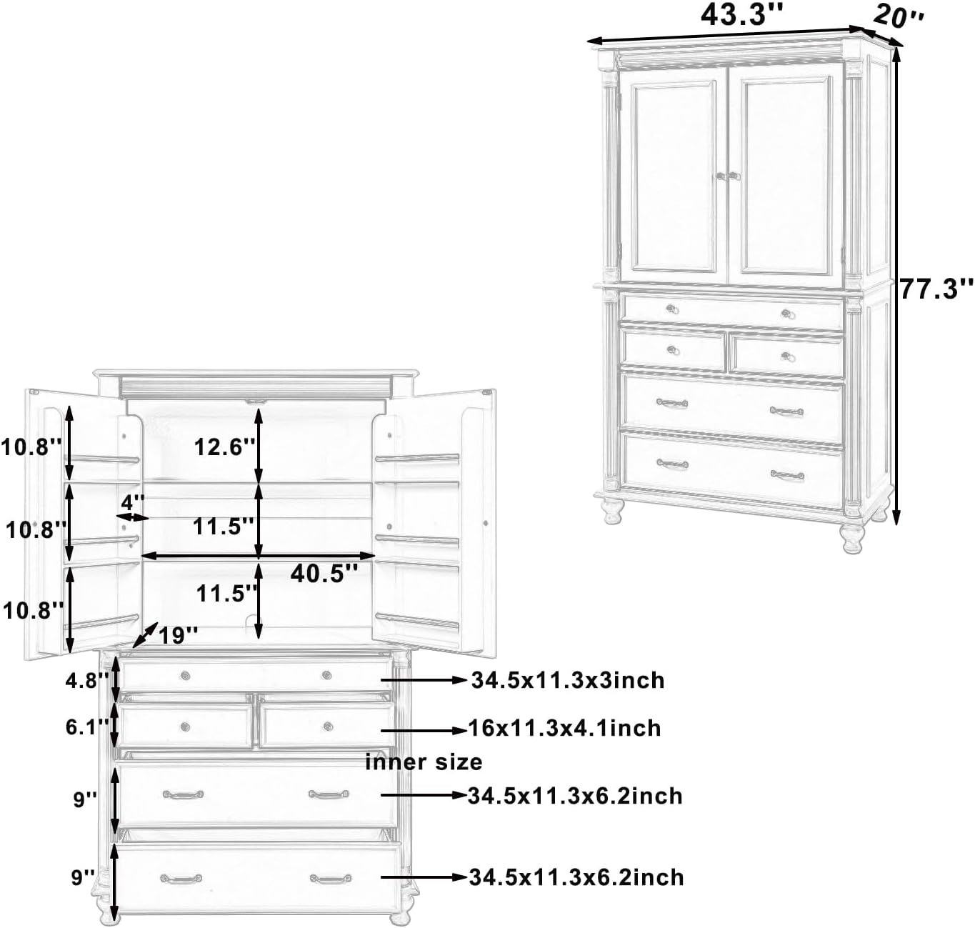 77.3 inch Tall Kitchen Pantry Cabinet with 6 Door Shelves and 2 Adjustable Shelves, Wooden Storage Cabinet Cupboard with 6 Drawers for Kitchen, Dining (Blue-83)