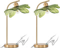 Mid Century Modern Table Lamps Set of 2, 18.9' Tall Gold Metal Base with Green Flower Glass Shade, Touch Control Nightstand Lamps for Bedroom Living Room Office