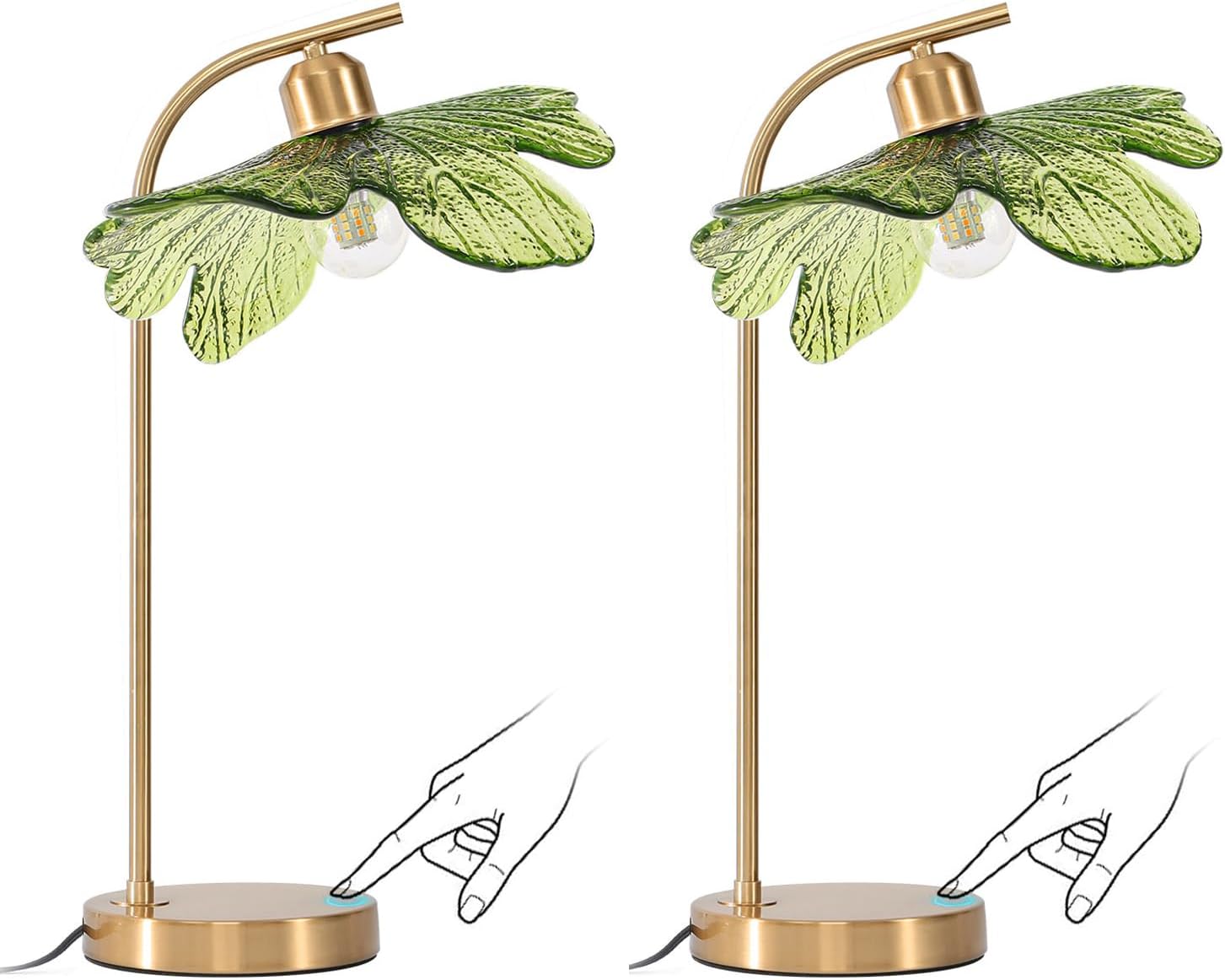 Mid Century Modern Table Lamps Set of 2, 18.9' Tall Gold Metal Base with Green Flower Glass Shade, Touch Control Nightstand Lamps for Bedroom Living Room Office