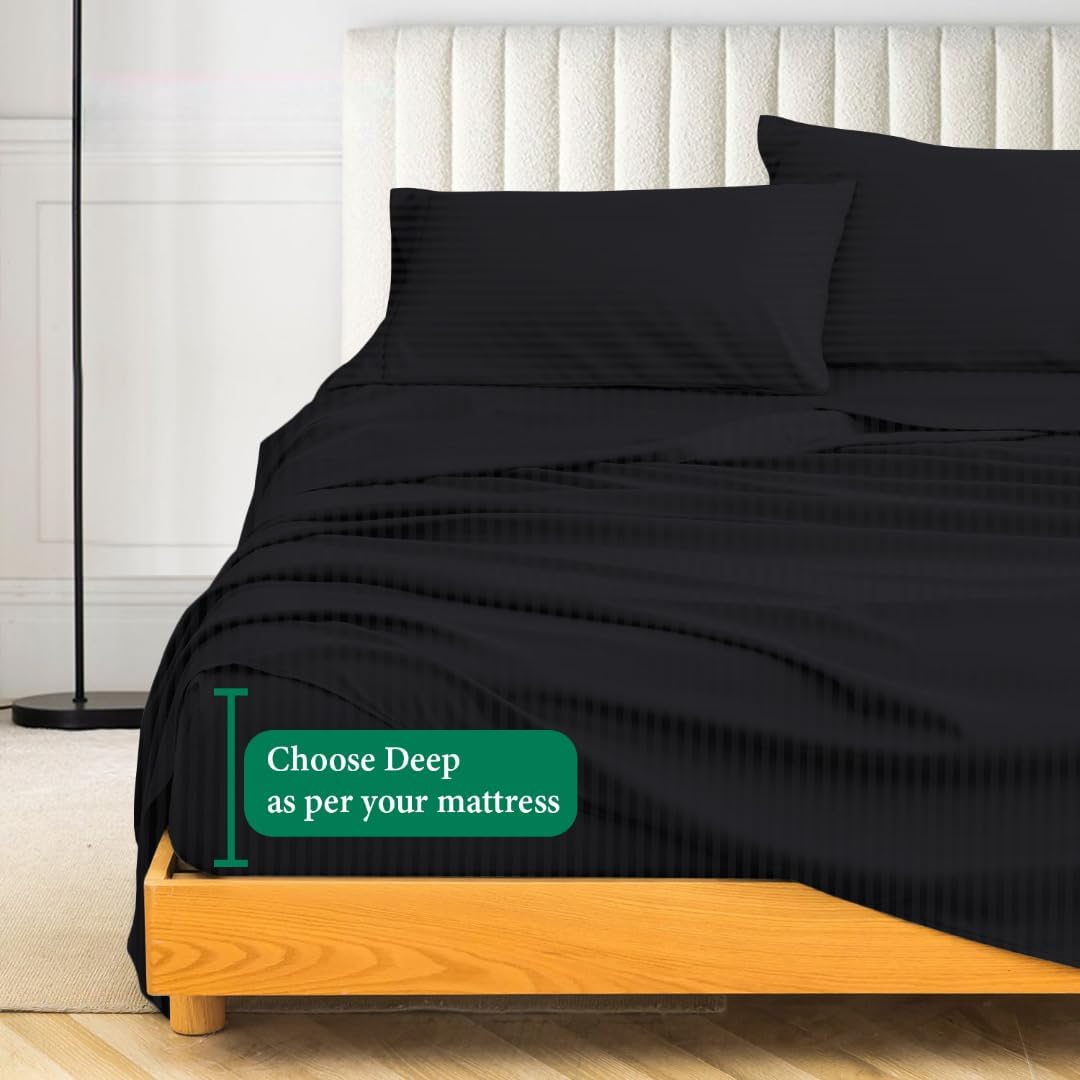1000 Series- Extra Long Staple 100% Egyptian Cotton Sheet Set,Sateen Weave, Hotel Quality Soft Luxury Bedding, Queen Size 4 Piece Sheet Set Fit 9' Inch to 12' Deep Stripe Black