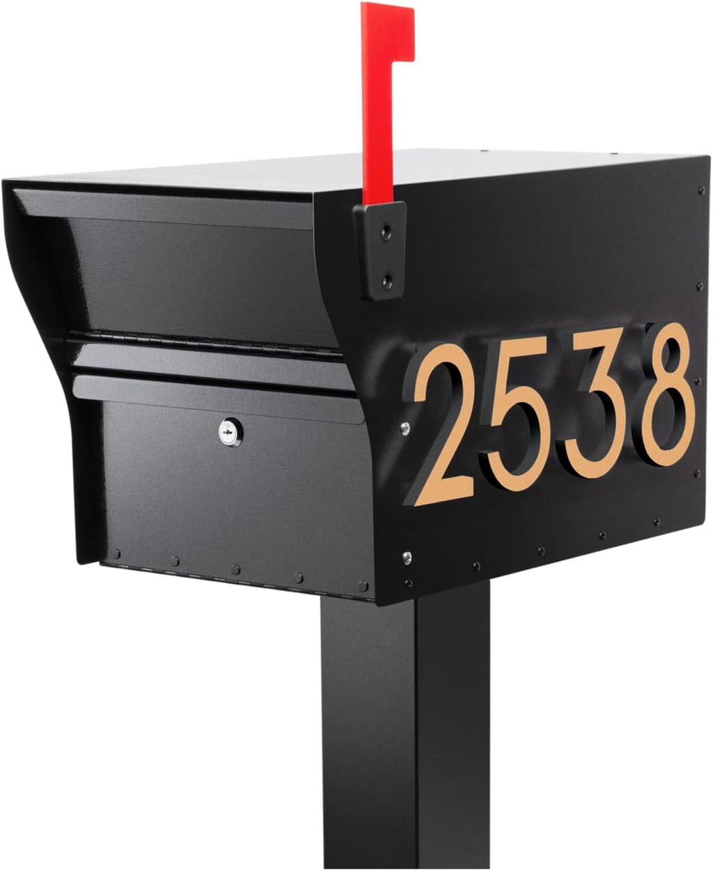 Whitehall MailVault Streetside Locking Mailbox with Post, Personalize with Modern Stand-Off Address Numbers Package – Steel, Secure Weather Resistant Modern Square Mailbox (Black/Gold)