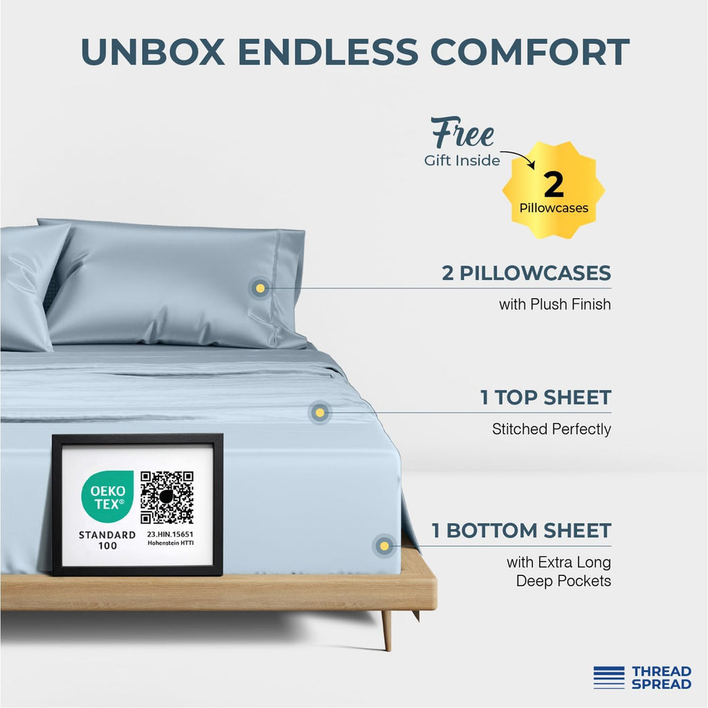 THREAD SPREAD 100% Egyptian Cotton King Size Sheets Set - Luxury 1500 Series Egyptian Cotton Sheets King Size (4 PC, Light Blue), Silky Soft, Sateen, Cooling & Breathable, 17' Deep Pocket Bed Set