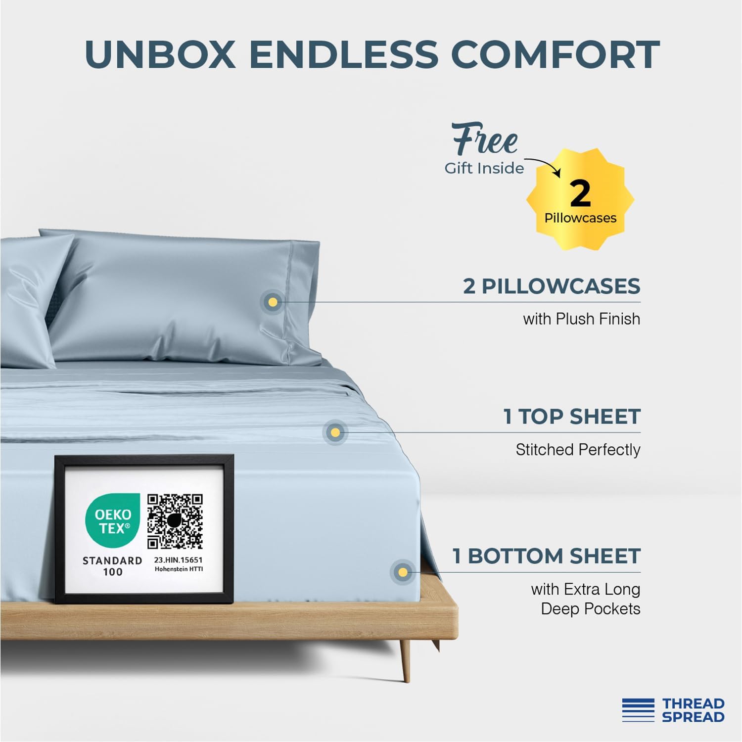 THREAD SPREAD 100% Egyptian Cotton King Size Sheets Set - Luxury 1500 Series Egyptian Cotton Sheets King Size (4 PC, Light Blue), Silky Soft, Sateen, Cooling & Breathable, 17' Deep Pocket Bed Set
