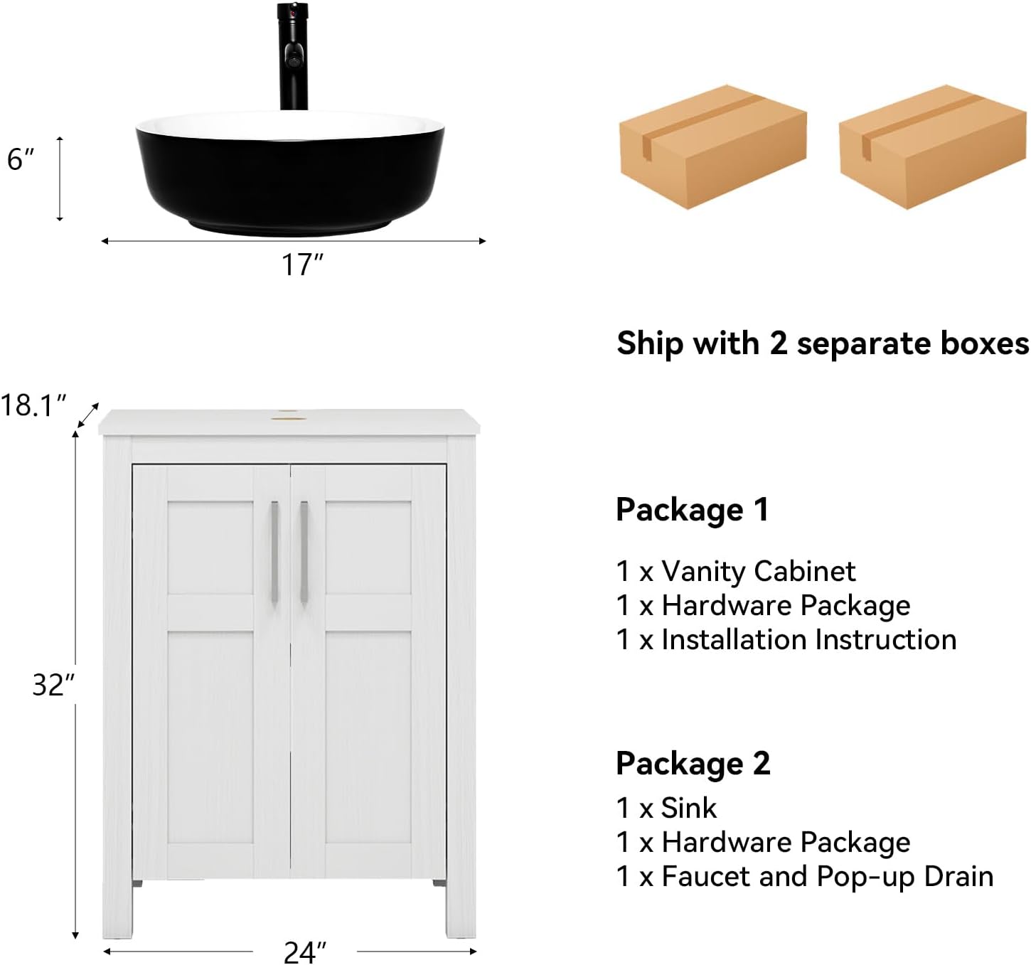 YOURLITE Bathroom Vanity with Sink, 24' White Bathroom Vanity Sink Combo with Black White Ceramic Basin Faucet & Pop Up Drain Set