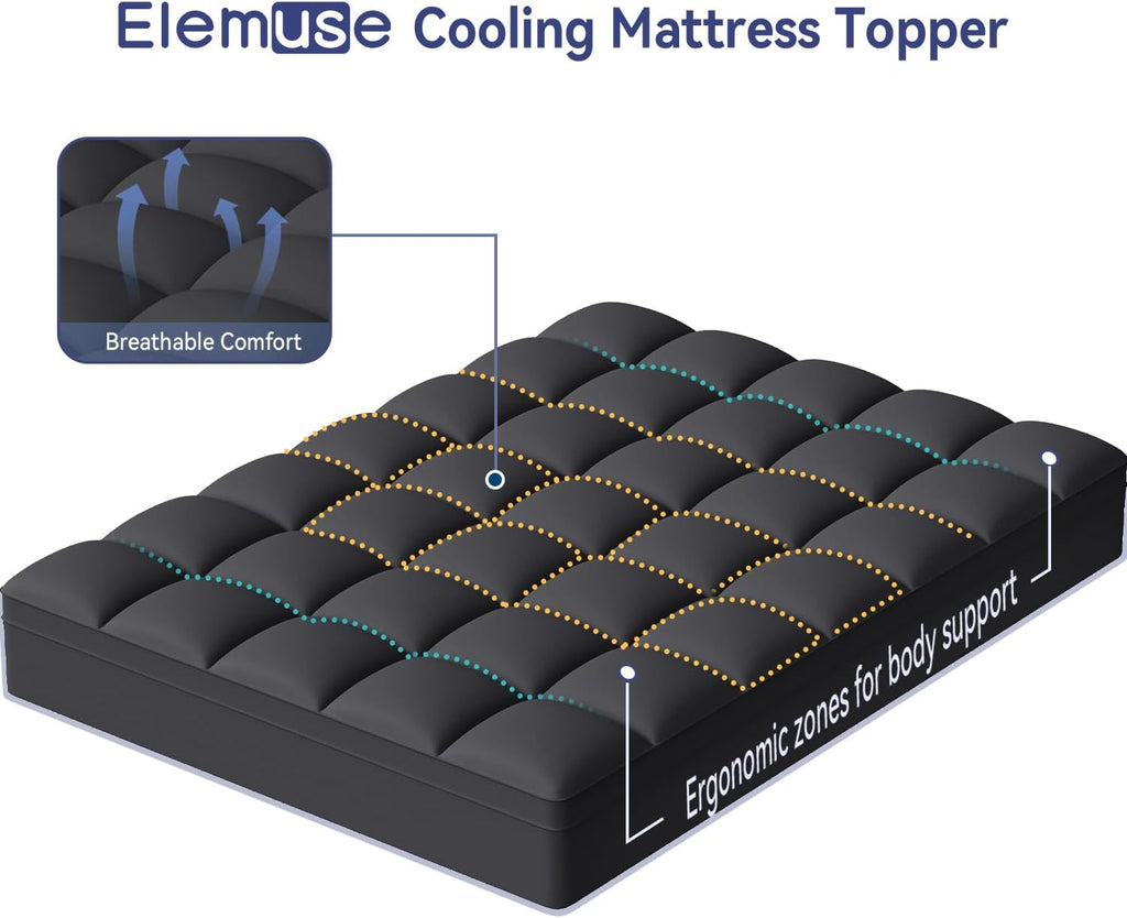 ELEMUSE RV Short Queen Black Mattress Topper for Back Pain, Extra Thick Mattress Pad Cover, Plush Soft Pillowtop with Elastic Deep Pocket, Overfilled Down Alternative Filling