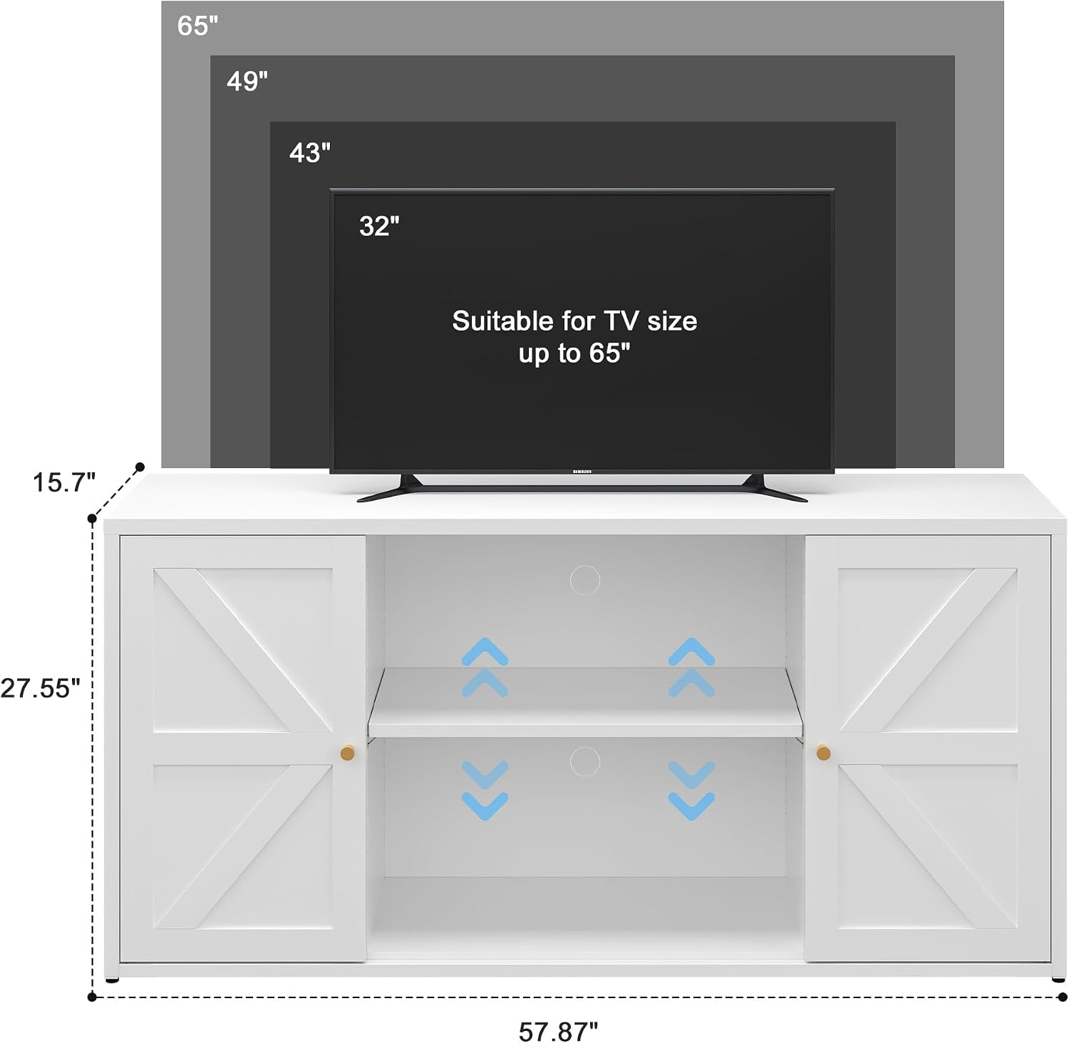 Washsemba Farmhouse - Style 65 - inch Metal TV Stand: Entertainment Center with Locker, Barn - Style Doors, Adjustable Partition. Medieval Modern Media Console Table for Living Room & Bedroom (White)