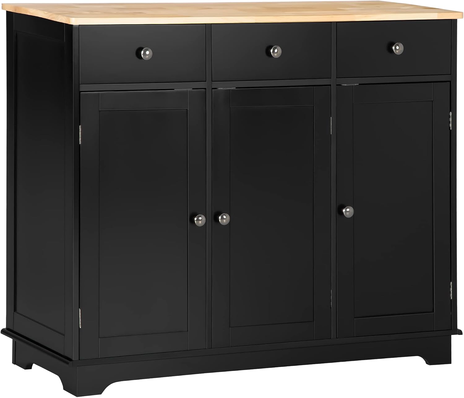 HOMCOM Sideboard Buffet Cabinet with Solid Wood Countertop, Modern Kitchen Storage Cabinet, Coffee Bar Cabinet with 3 Drawers, Doors and Adjustable Shelf, Black