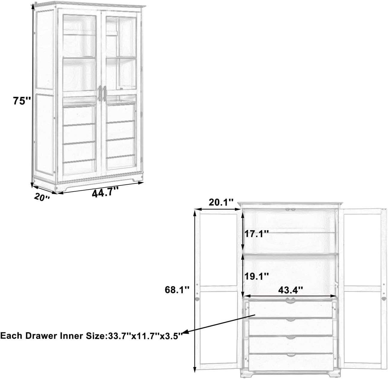 Modern 75inch Kitchen Pantry, Freestanding Kitchen Storage Cabinet Display Cabinet with Glass Doors and 4 Built-in Drawers for Living Room, Home Office (Natural-30r)