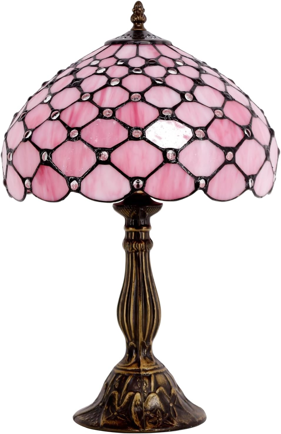 WERFACTORY Tiffany Lamp Pink Stained Glass Bead Table Lamp Desk Bedside Reading Light 12X12X18 Inches Deco Bedroom Living Room Home Office S005 Series