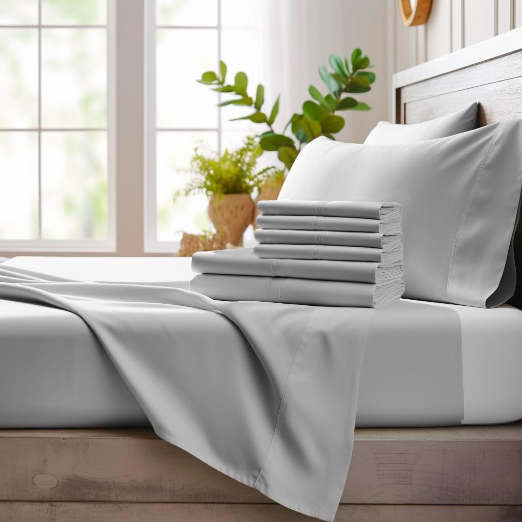 Bamboo Bay 7 Piece Split King Size Sheet Set, 100% Viscose Made from Bamboo, Breathable, Ultra Soft Cooling Bed Sheets for Adjustable Beds, Beddings with Deep Pockets Fit 16' Mattress, Light Grey