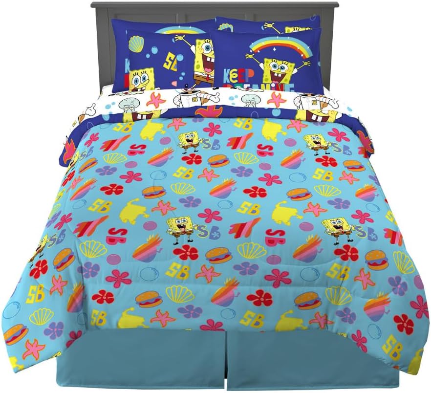 Spongebob Squarepants Kids Bedding Super Soft & Cozy Reversible Microfiber Comforter and Sheet Set with Sham, 7 Piece Queen Size, (Officially Licensed Product) by Franco