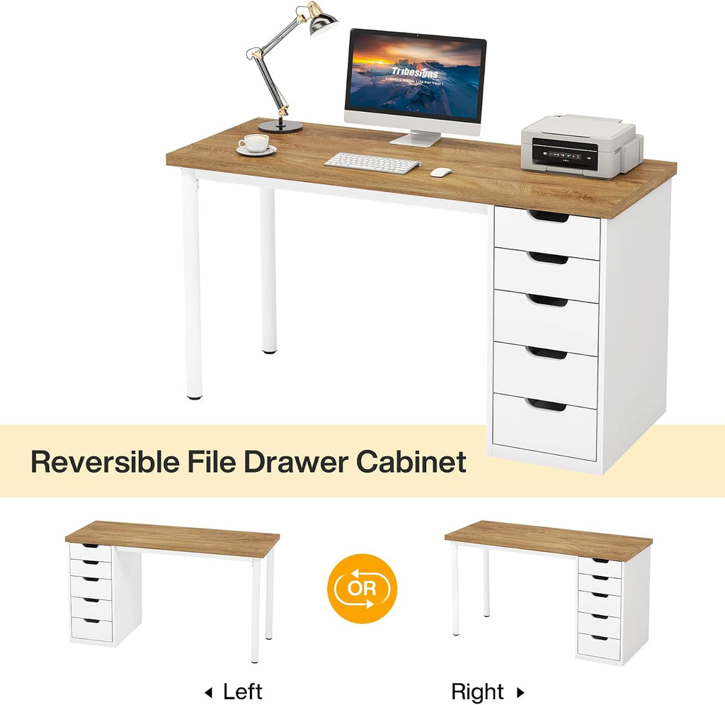 Tribesigns Computer Desk with 5 Drawers, 47 inches Rustic Brown Home Office Desk with Storage, Modern Simple Laptop Desk Study Writing Table for Small Spaces (1, Walnut+White)