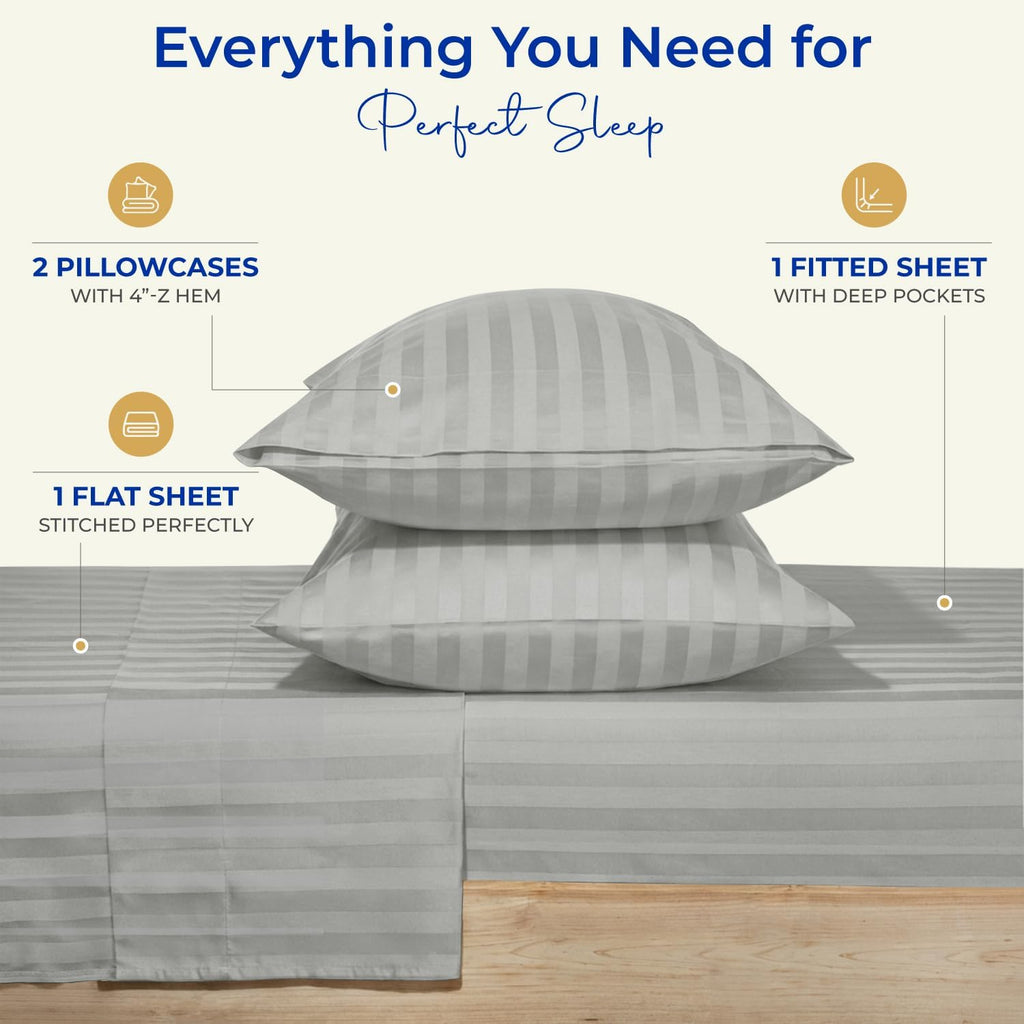 THREAD SPREAD Queen Sheet Set, Luxury 1000 Series Paradise Collection 100% Egyptian Cotton Damask Striped Bed Sheets Queen Size (4 PC, Silver Grey Stripe), Cooling 16' Deep Pocket Hotel Sheet Set