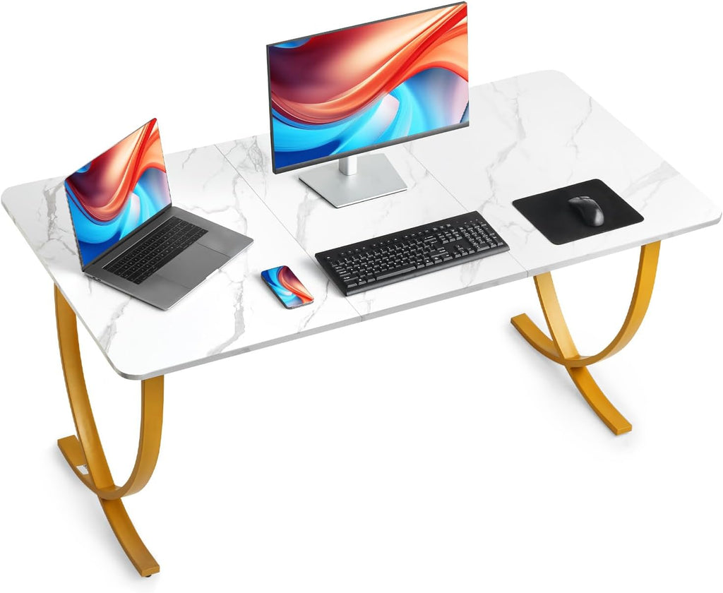 VEVOR Executive Desk, 63' W x 31.5' D Large Office Desk, Modern Computer Table Conference Meeting Room Table, Business Furniture Enlarged Desktop for Home Office, White and Gold