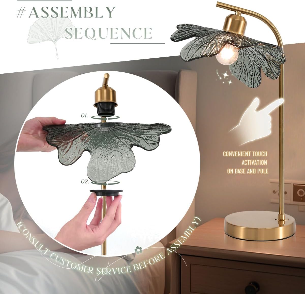 2 Pack Gold Table lamp Mid CenturyTable Lamps with Touch Switch Dark Green Glass Shade nightstand lamp Side Desk lamp Small Table lamp Glass Table Light for end Table Bedroom Farmhouse