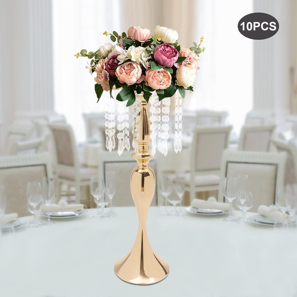 10PCS Crystal Flower Stand Wedding Centerpieces 21.3Inch Tall Gold Vases Metal Flower Candle Holder with Sparkling Crystal for Table Wedding Party Dinner Event Decor (Gold-6)