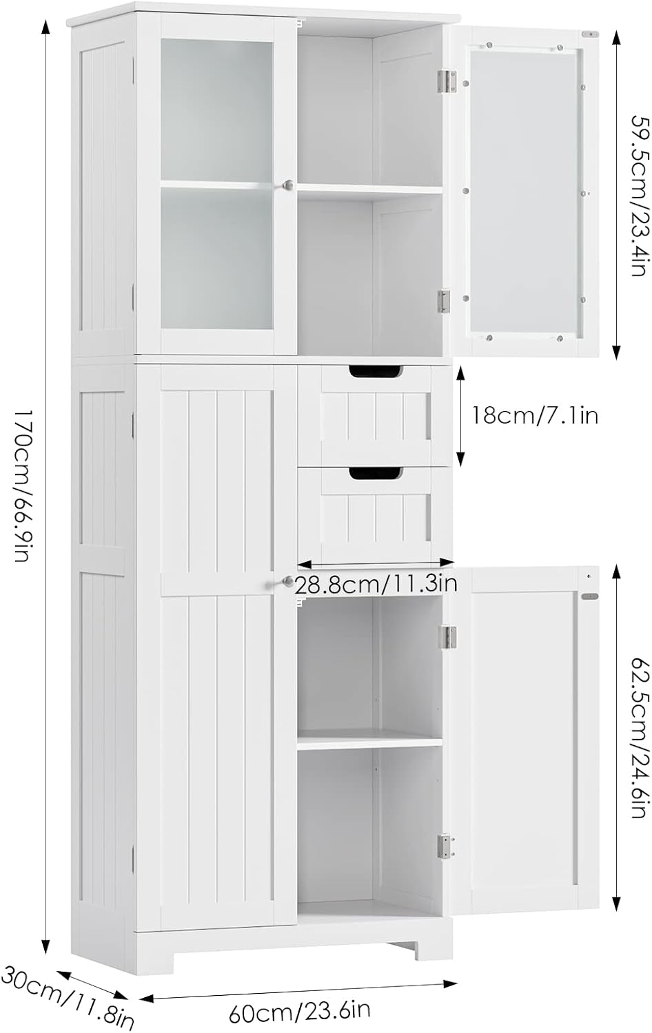 BOTLOG 67'' Tall Bathroom Storage Cabinet, Linen Cabinet with Glass Doors and Adjustable Shelves, Kitchen Pantry with 2 Drawers for Bathroom, Living Room, Dining Room, White
