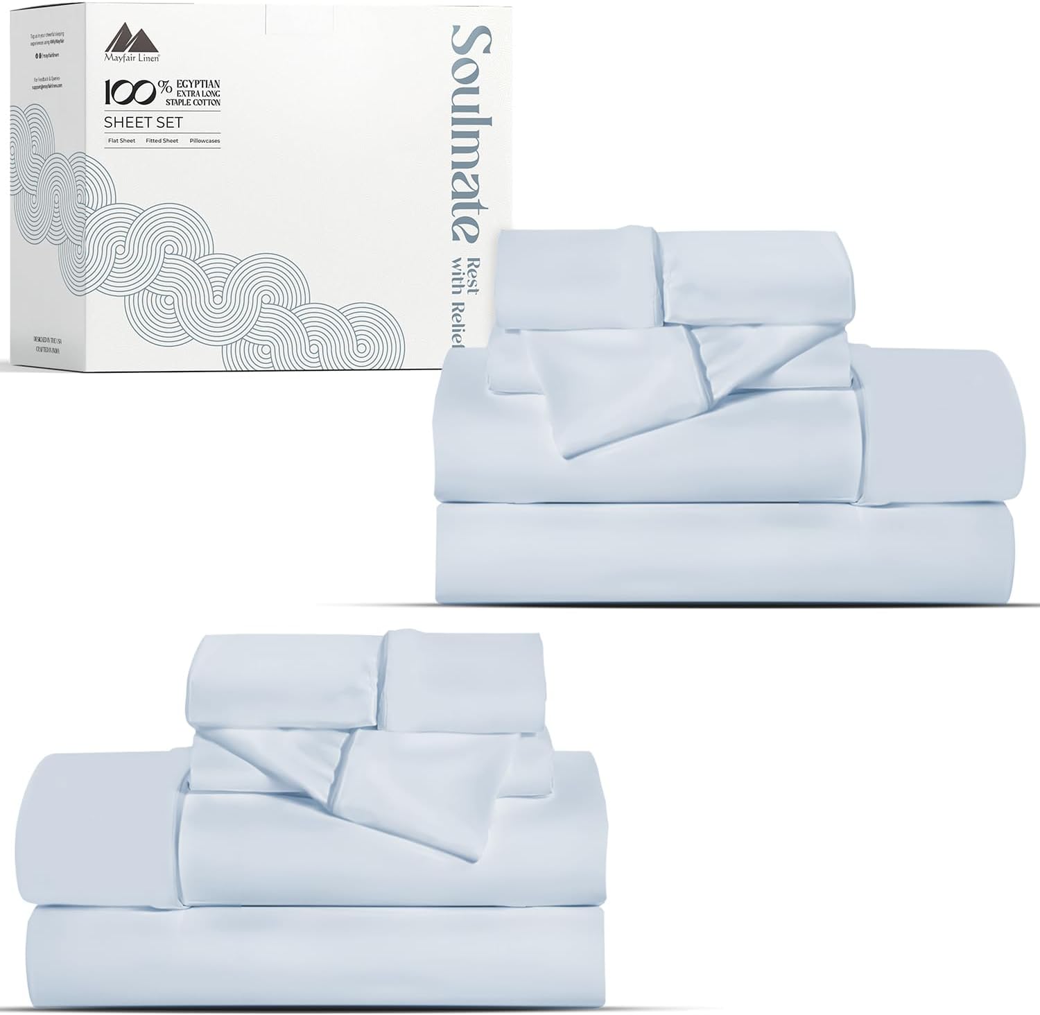Mayfair Linen 100% Egyptian Cotton 2 Pack Full Sheet Set - Luxury 500 Series Soulmate Collection Cotton Sheets Full Size (8 PC, Light Blue), Silky Soft, Cooling 16' Deep Pocket Hotel Quality Sheet