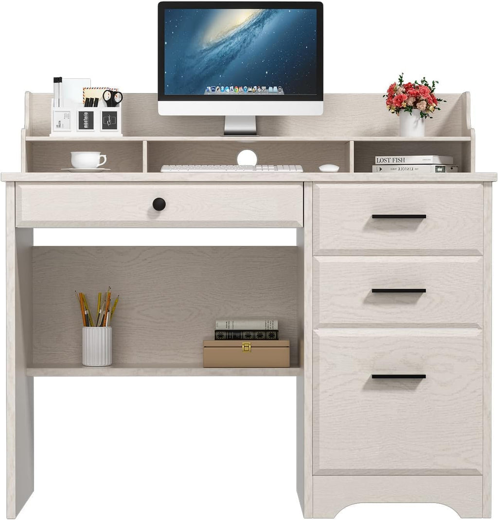 White Home Office Desk with 4 Drawers & Hutch, Computer Table for Bedroom, Off-White