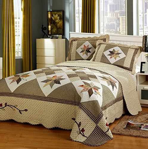 Cotton Luxury Patchwork Design Quilt Bedspread Sets Queen Size 3 Pieces, Comfy Comforter Coverlet Bedding Sets