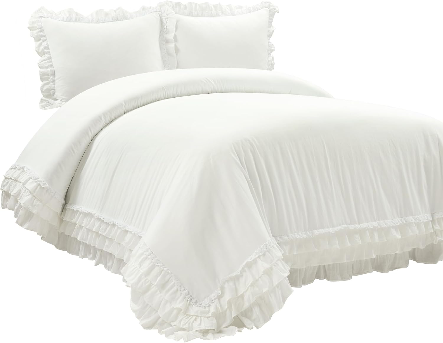 Lush Decor Ella Ruffle Lace 100% Cotton Duvet Cover, 3 Piece Set, Full/Queen, White - Cute Comforter - Queen Bedding Set - White Bedding Full Size - Coquette Decor - Neutral Lace Trim - Ruffle Trim