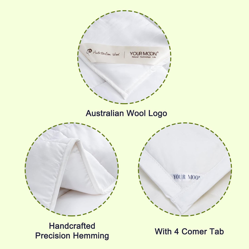 YOUR MOON Luxurious All Season Wool Comforter Queen Size 100% Natural Australian Wool Duvet, Hypoallergenic Premium Filled Comforter, Noiseless Jacquard Rayon Derived from Bamboo Shell(White)