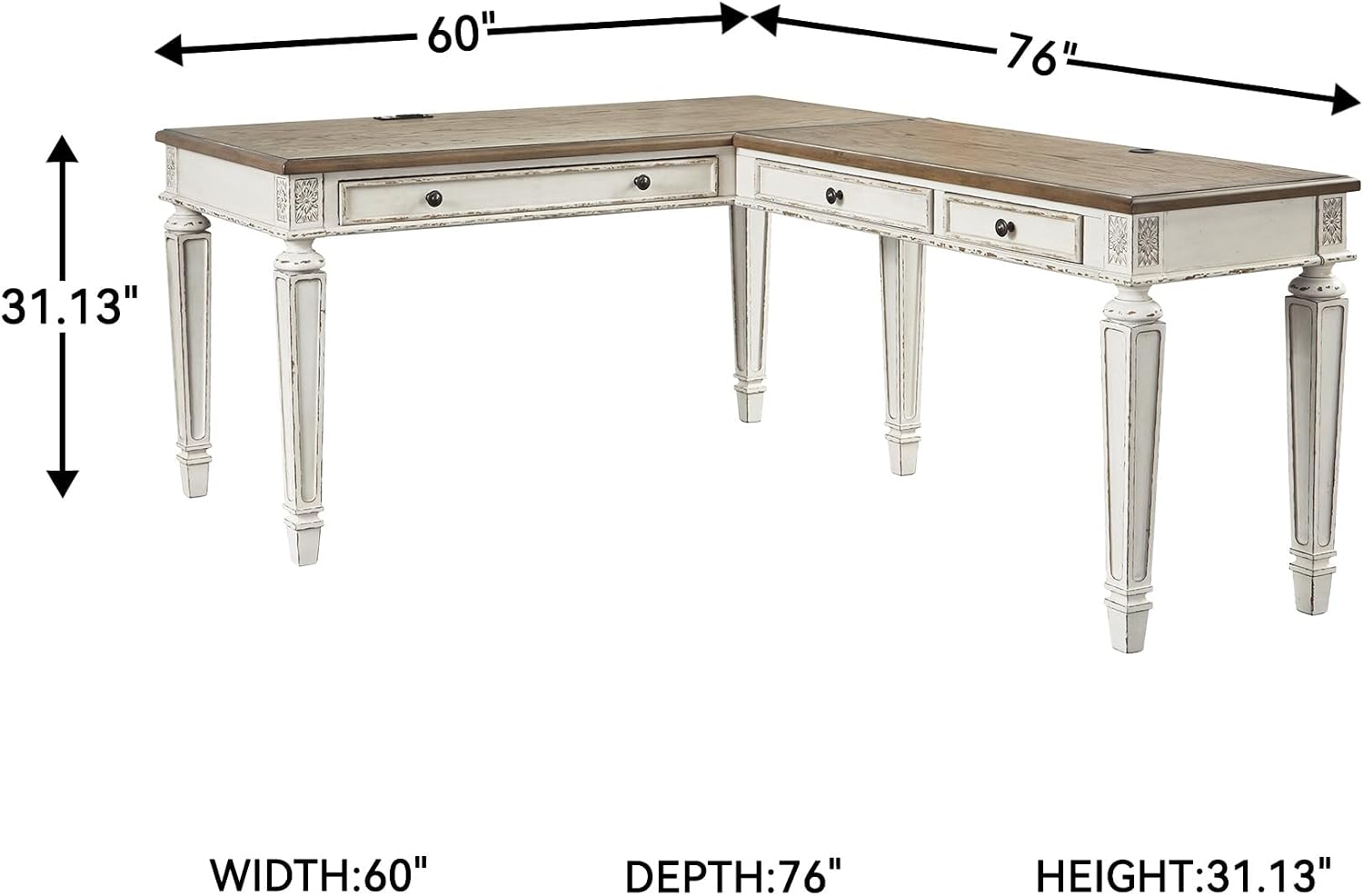 Signature Design by Ashley Realyn Cottage L-Shaped Distressed 2-Piece Home Office Desk with Power Supply and USB Ports, White & Light Brown
