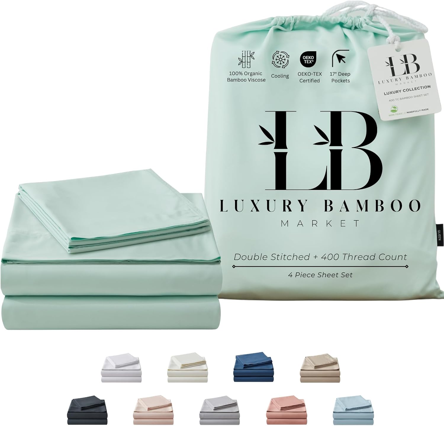 Luxury Bamboo Market | Queen Size Bed Sheet Set | 100% Viscose Made from Bamboo | Organically Grown | Ultra Soft | Cooling Sheets for Hot Sleepers | 17' Deep Pocket [Coastal Green]