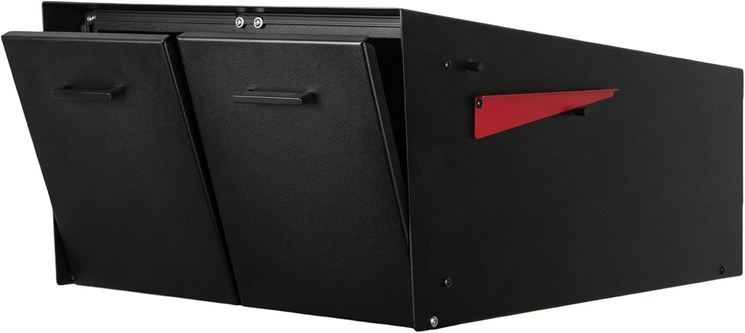 Ilyapa Black Double Mailbox, Post Mount Mailboxes for Outside- Two Sided Mail Box for 2 Houses with Standard Single Mounting, Door Numbering Kit, Outdoor All Weather with Magnetic Doors